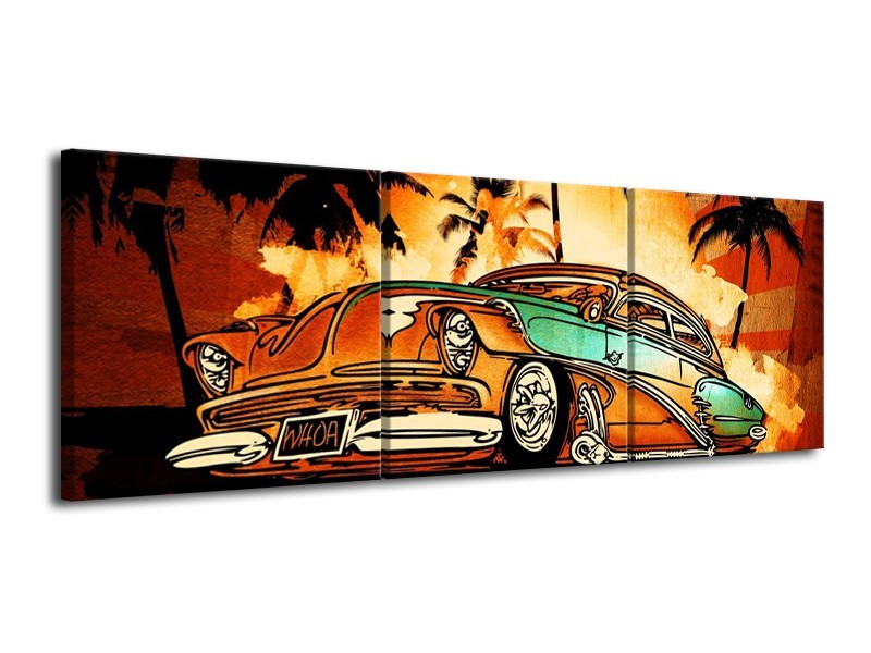 Glas schilderij Oldtimer | Geel, Oranje, Bruin | 120x40cm 3Luik