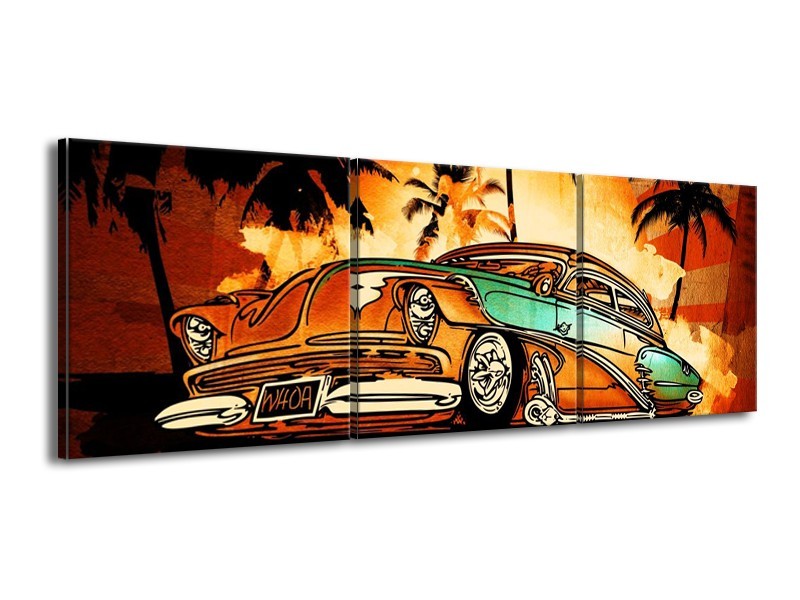 Glas schilderij Oldtimer | Geel, Oranje, Bruin | 150x50cm 3Luik
