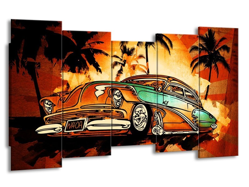 Canvas schilderij Oldtimer | Geel, Oranje, Bruin | 150x80cm 5Luik