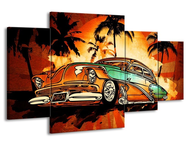 Glas schilderij Oldtimer | Geel, Oranje, Bruin | 160x90cm 4Luik