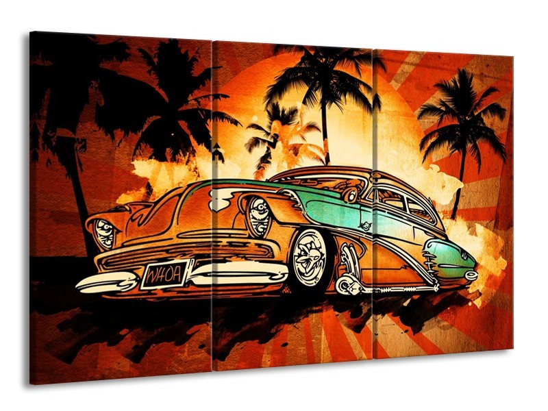 Glas schilderij Oldtimer | Geel, Oranje, Bruin | 165x100cm 3Luik