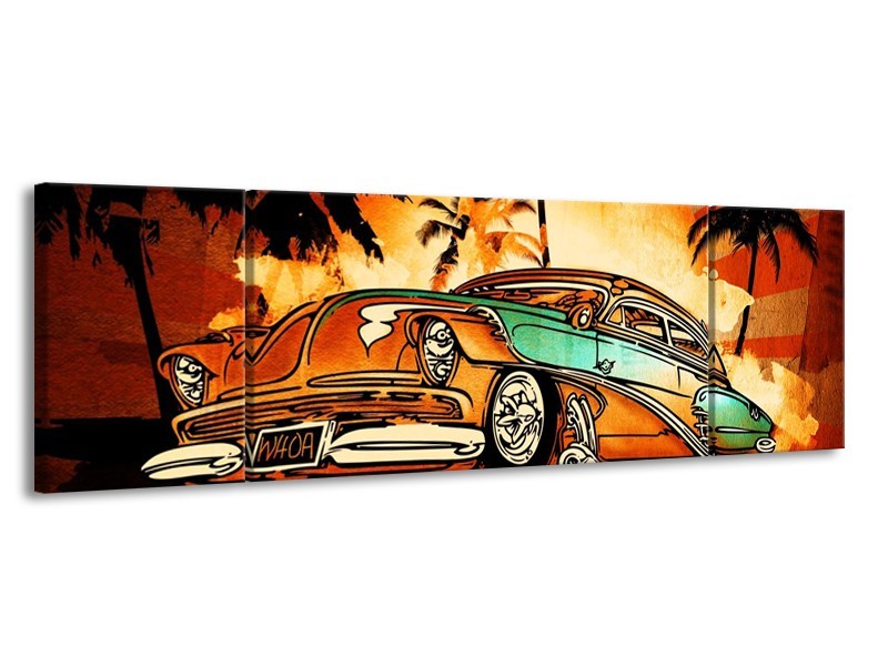 Glas schilderij Oldtimer | Geel, Oranje, Bruin | 170x50cm 3Luik