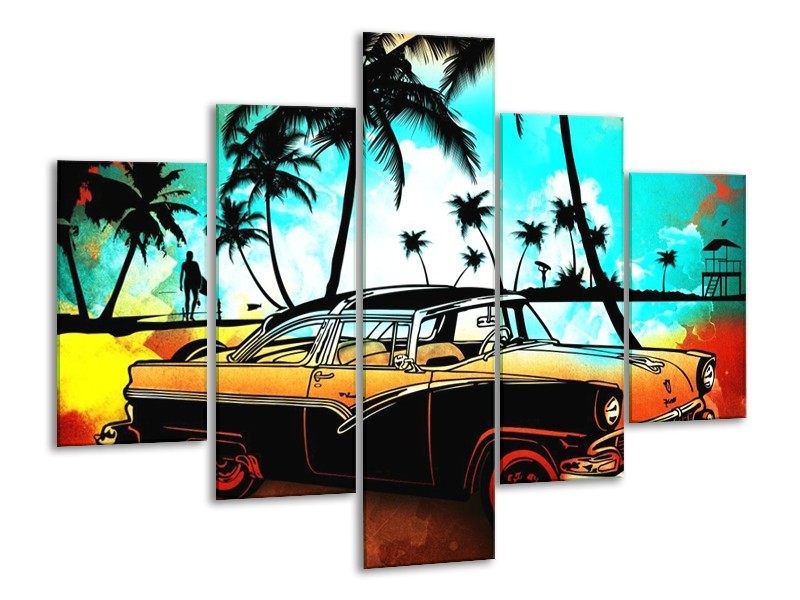 Glas schilderij Oldtimer | Blauw, Geel, Rood | 100x70cm 5Luik
