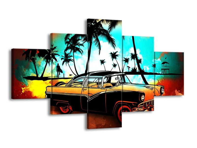 Glas schilderij Oldtimer | Blauw, Geel, Rood | 125x70cm 5Luik