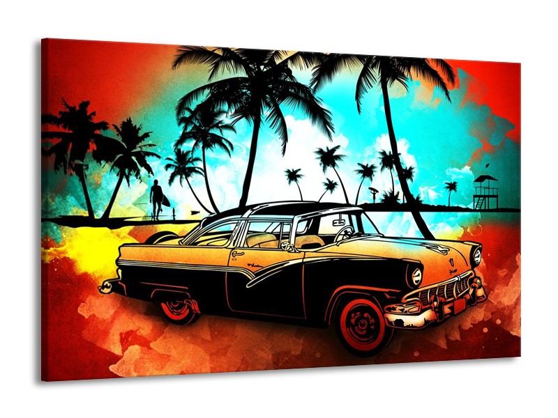 Glas schilderij Oldtimer | Blauw, Geel, Rood | 140x90cm 1Luik