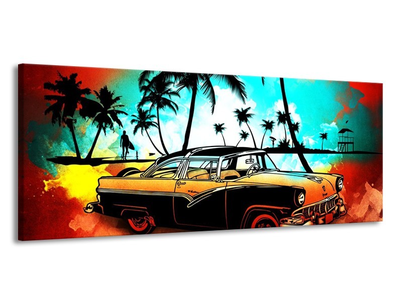 Glas schilderij Oldtimer | Blauw, Geel, Rood | 145x58cm 1Luik