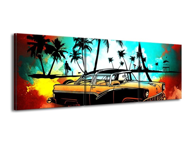 Glas schilderij Oldtimer | Blauw, Geel, Rood | 150x50cm 3Luik
