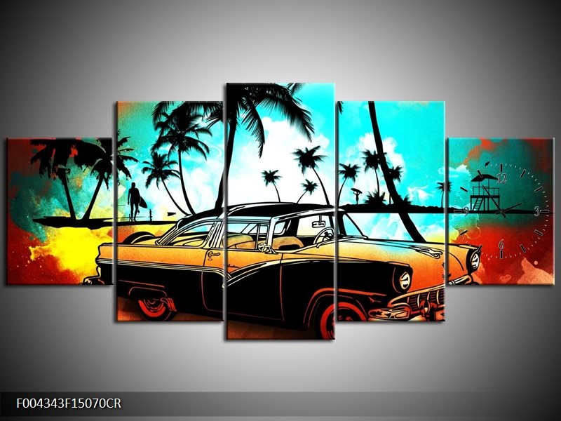 Klok schilderij Oldtimer | Blauw, Geel, Rood | 150x70cm 5Luik