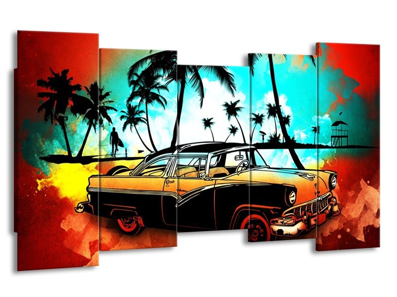 Canvas schilderij Oldtimer | Blauw, Geel, Rood | 150x80cm 5Luik