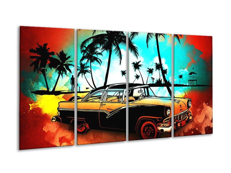 Glas schilderij Oldtimer | Blauw, Geel, Rood | 160x80cm 4Luik