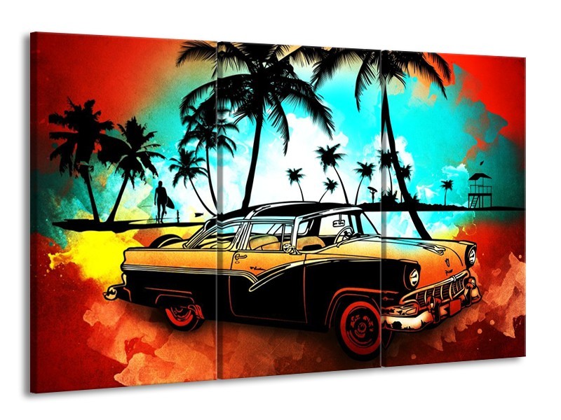Glas schilderij Oldtimer | Blauw, Geel, Rood | 165x100cm 3Luik