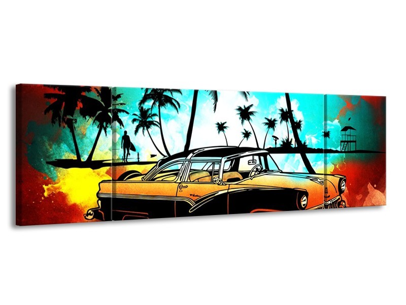 Glas schilderij Oldtimer | Blauw, Geel, Rood | 170x50cm 3Luik