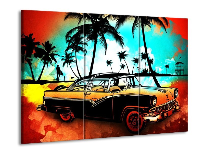 Glas schilderij Oldtimer | Blauw, Geel, Rood | 90x60cm 3Luik
