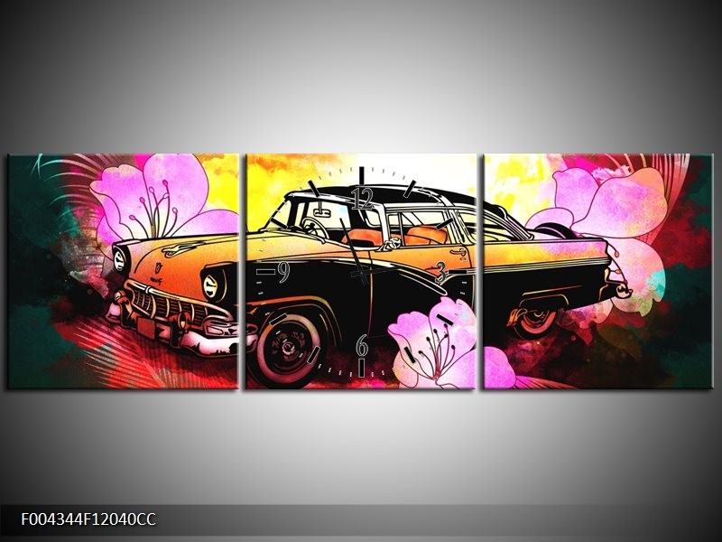 Klok schilderij Oldtimer | Paars, Geel, Rood | 120x40cm 3Luik