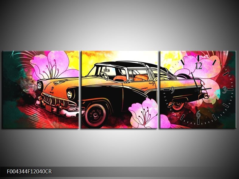 Klok schilderij Oldtimer | Paars, Geel, Rood | 120x40cm 3Luik