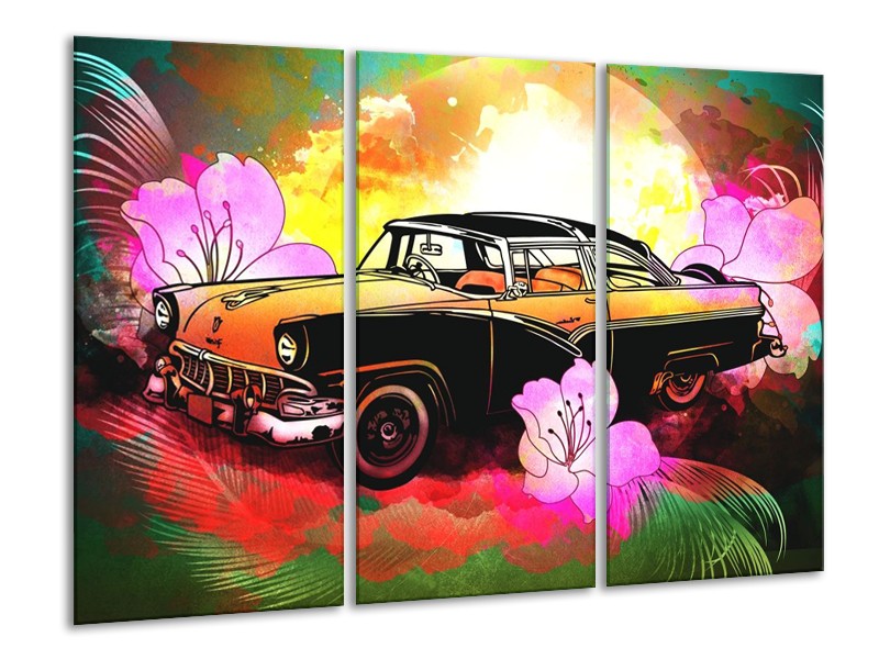 Canvas schilderij Oldtimer | Paars, Geel, Rood | 120x80cm 3Luik
