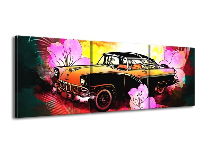 Glas schilderij Oldtimer | Paars, Geel, Rood | 150x50cm 3Luik
