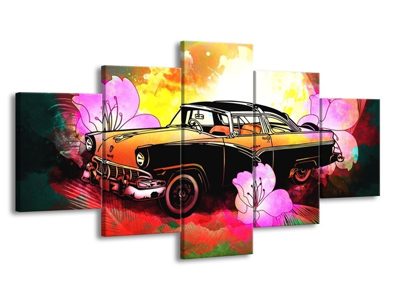 Glas schilderij Oldtimer | Paars, Geel, Rood | 150x80cm 5Luik