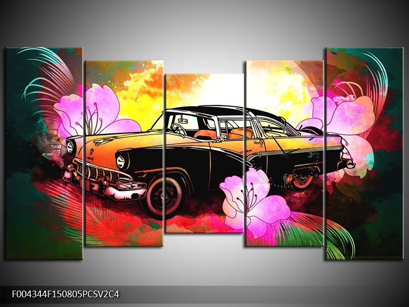 Klok schilderij Oldtimer | Paars, Geel, Rood | 150x80cm 5Luik