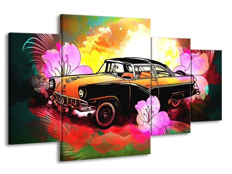 Glas schilderij Oldtimer | Paars, Geel, Rood | 160x90cm 4Luik