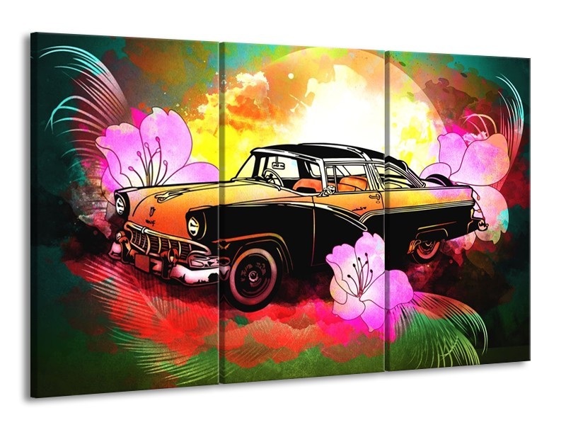 Glas schilderij Oldtimer | Paars, Geel, Rood | 165x100cm 3Luik