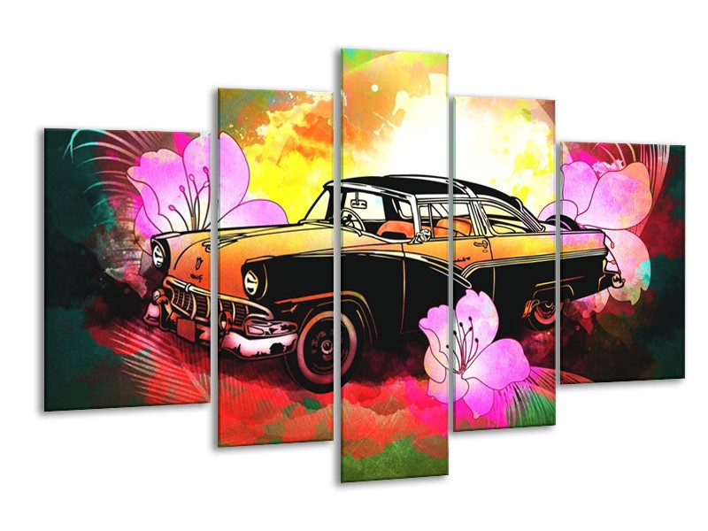 Glas schilderij Oldtimer | Paars, Geel, Rood | 170x100cm 5Luik