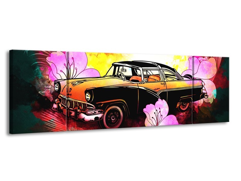 Glas schilderij Oldtimer | Paars, Geel, Rood | 170x50cm 3Luik