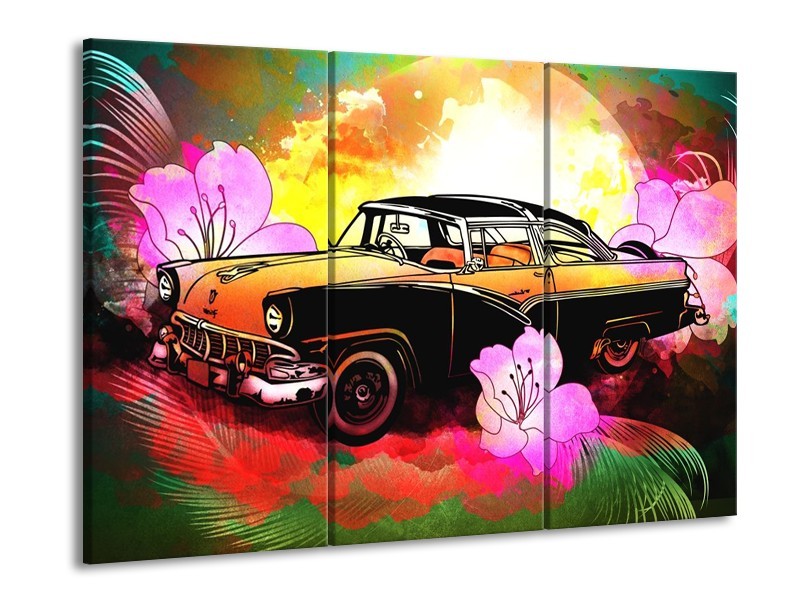 Glas schilderij Oldtimer | Paars, Geel, Rood | 90x60cm 3Luik