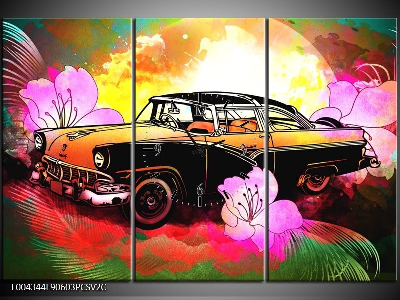 Klok schilderij Oldtimer | Paars, Geel, Rood | 90x60cm 3Luik