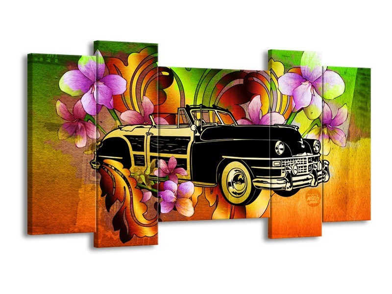 Glas schilderij Oldtimer | Paars, Geel, Rood | 120x65cm 5Luik