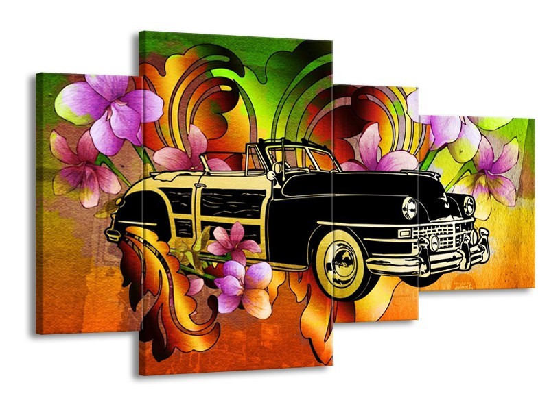Glas schilderij Oldtimer | Paars, Geel, Rood | 120x75cm 4Luik