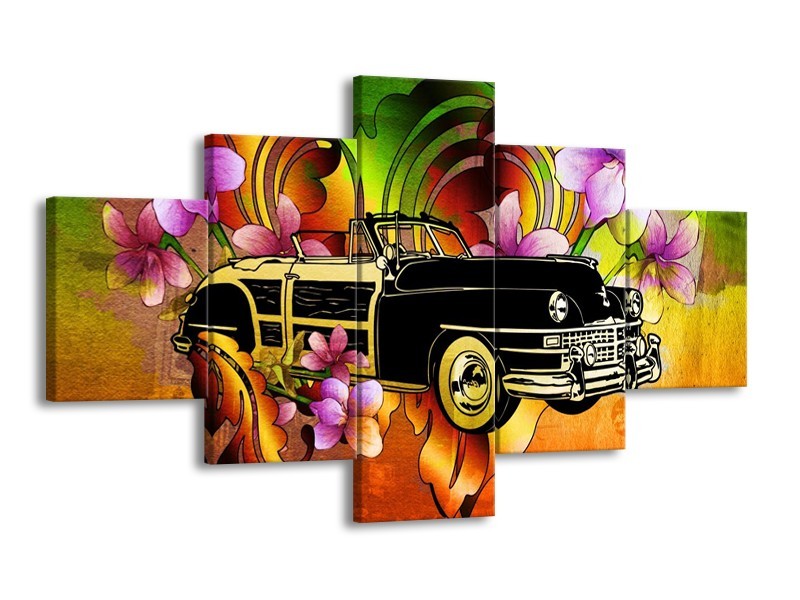 Glas schilderij Oldtimer | Paars, Geel, Rood | 125x70cm 5Luik