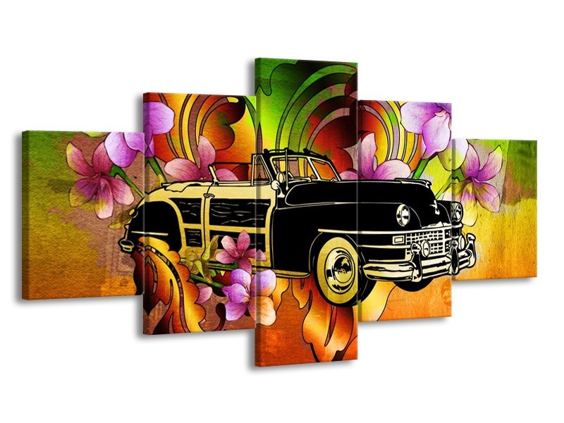 Glas schilderij Oldtimer | Paars, Geel, Rood | 150x80cm 5Luik