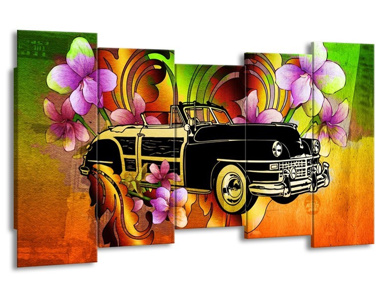 Glas schilderij Oldtimer | Paars, Geel, Rood | 150x80cm 5Luik