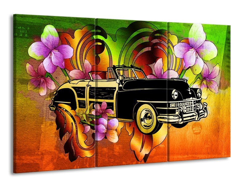 Glas schilderij Oldtimer | Paars, Geel, Rood | 165x100cm 3Luik