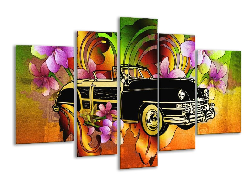 Glas schilderij Oldtimer | Paars, Geel, Rood | 170x100cm 5Luik