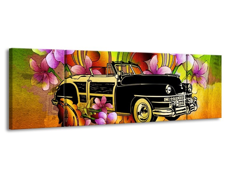 Glas schilderij Oldtimer | Paars, Geel, Rood | 170x50cm 3Luik