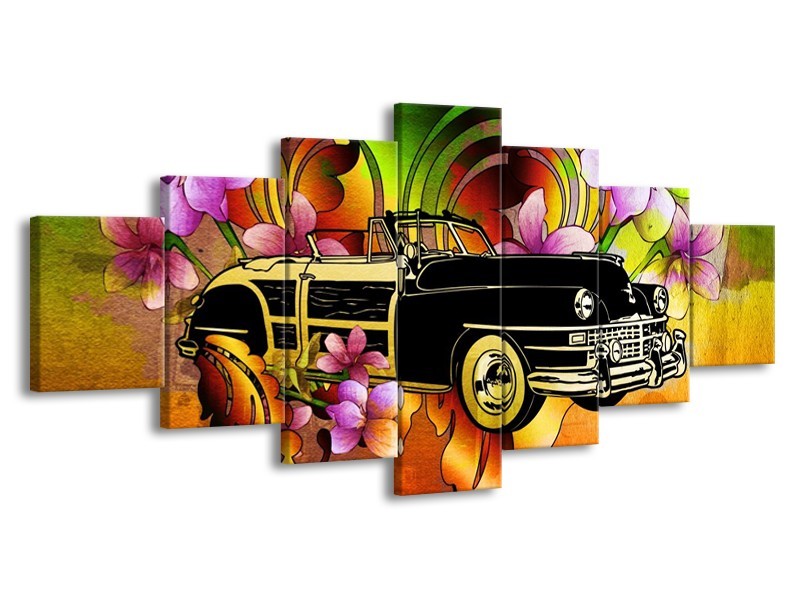 Glas schilderij Oldtimer | Paars, Geel, Rood | 210x100cm 7Luik