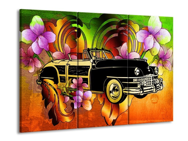 Glas schilderij Oldtimer | Paars, Geel, Rood | 90x60cm 3Luik