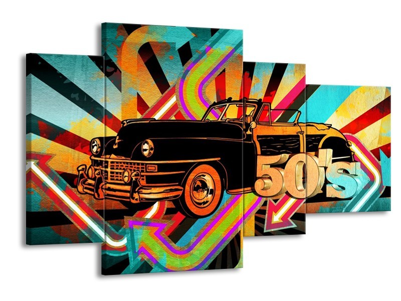 Glas schilderij Oldtimer | Paars, Geel, Rood | 120x75cm 4Luik