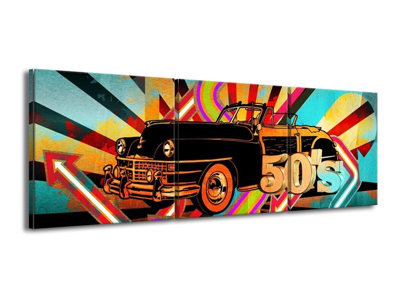 Glas schilderij Oldtimer | Paars, Geel, Rood | 150x50cm 3Luik
