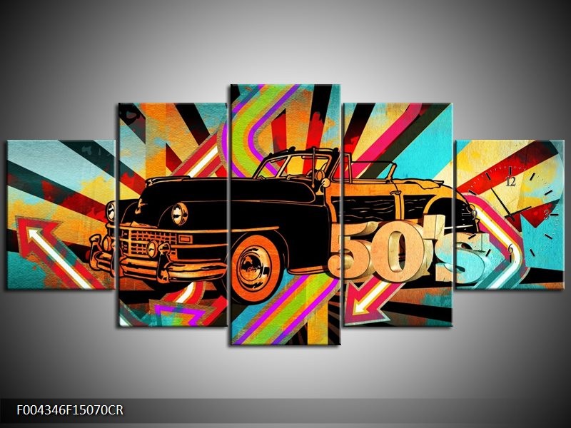 Klok schilderij Oldtimer | Paars, Geel, Rood | 150x70cm 5Luik