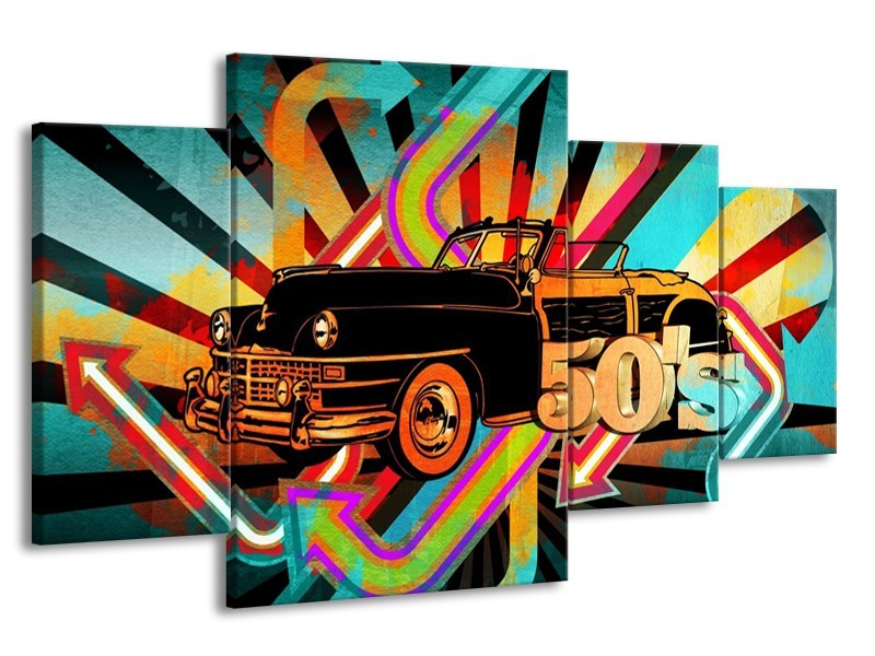 Glas schilderij Oldtimer | Paars, Geel, Rood | 160x90cm 4Luik