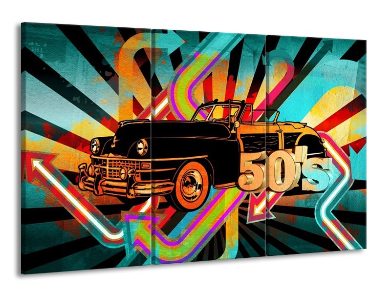 Glas schilderij Oldtimer | Paars, Geel, Rood | 165x100cm 3Luik