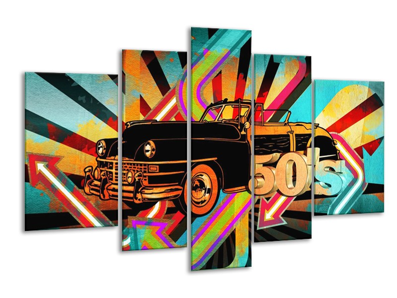 Glas schilderij Oldtimer | Paars, Geel, Rood | 170x100cm 5Luik