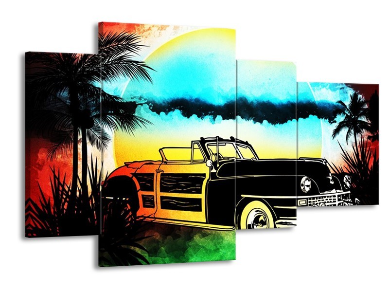 Glas schilderij Oldtimer | Blauw, Geel, Zwart | 120x75cm 4Luik