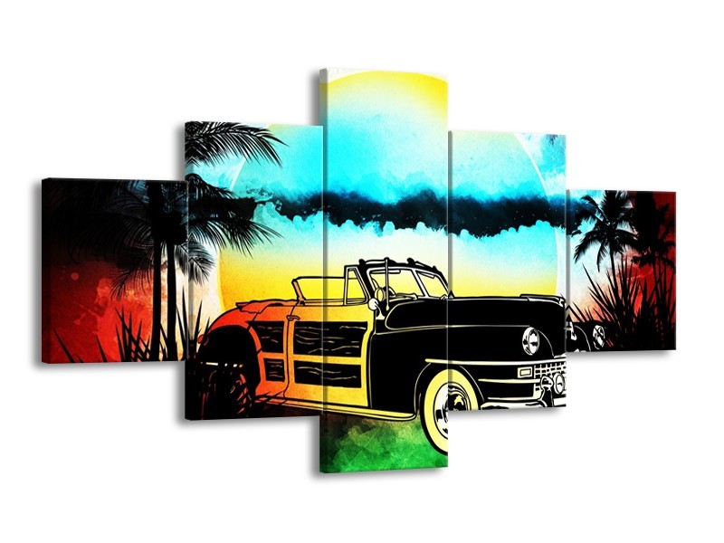 Glas schilderij Oldtimer | Blauw, Geel, Zwart | 125x70cm 5Luik