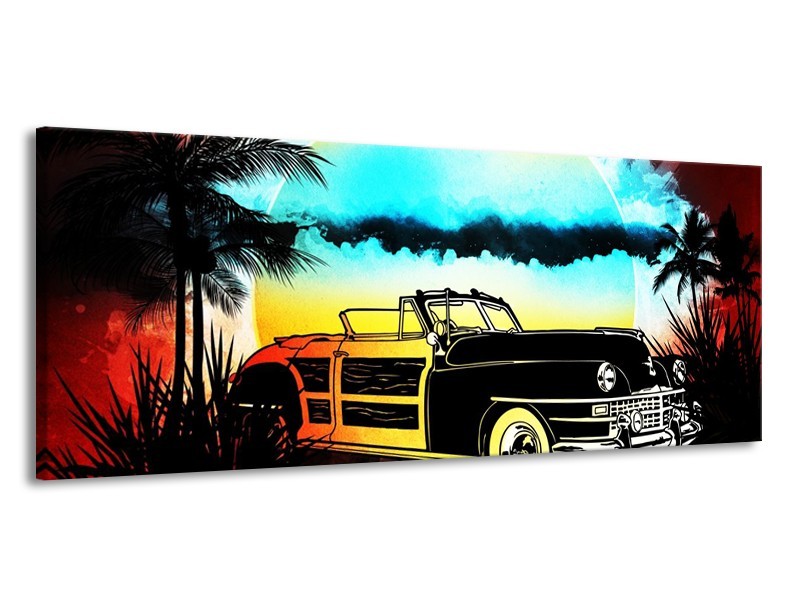 Glas schilderij Oldtimer | Blauw, Geel, Zwart | 145x58cm 1Luik