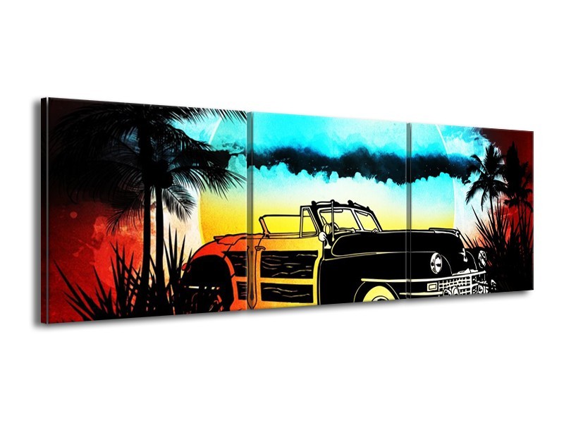 Glas schilderij Oldtimer | Blauw, Geel, Zwart | 150x50cm 3Luik