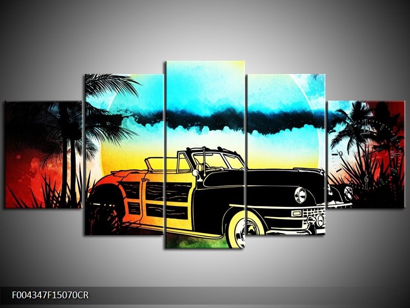 Klok schilderij Oldtimer | Blauw, Geel, Zwart | 150x70cm 5Luik